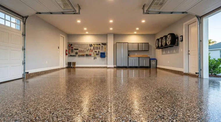Clean garage with decorative flake epoxy floor