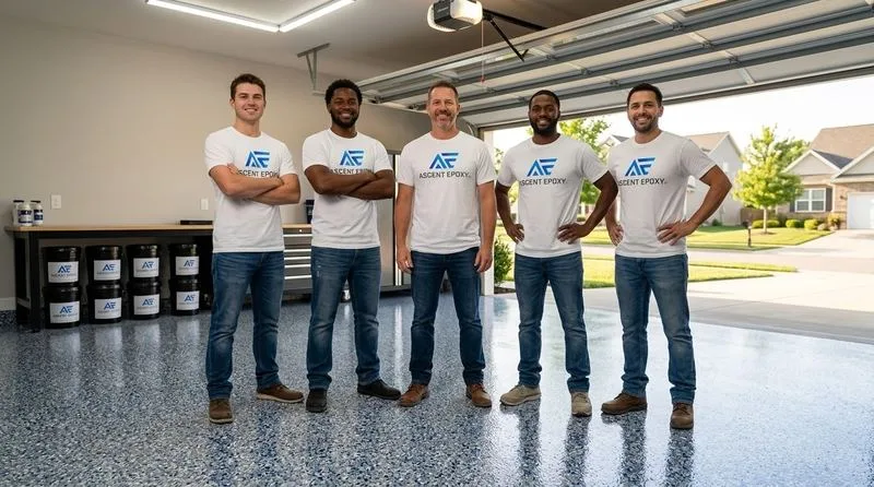 Ascent Epoxy installation team of five standing on completed decorative flake epoxy garage floor with branded equipment