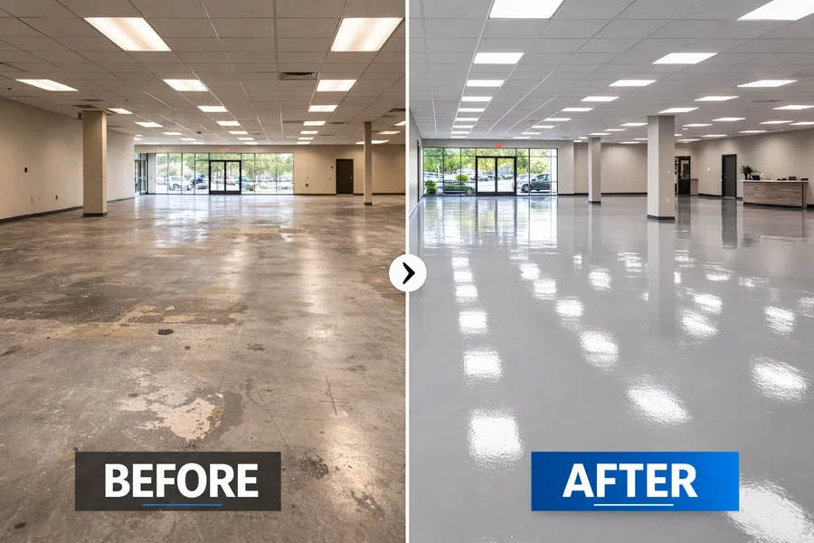Before and after commercial space epoxy flooring transformation — bare cracked concrete to polished living space