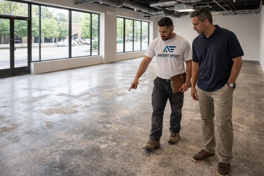 Ascent Epoxy installer consulting with commercial client on-site during free consultation