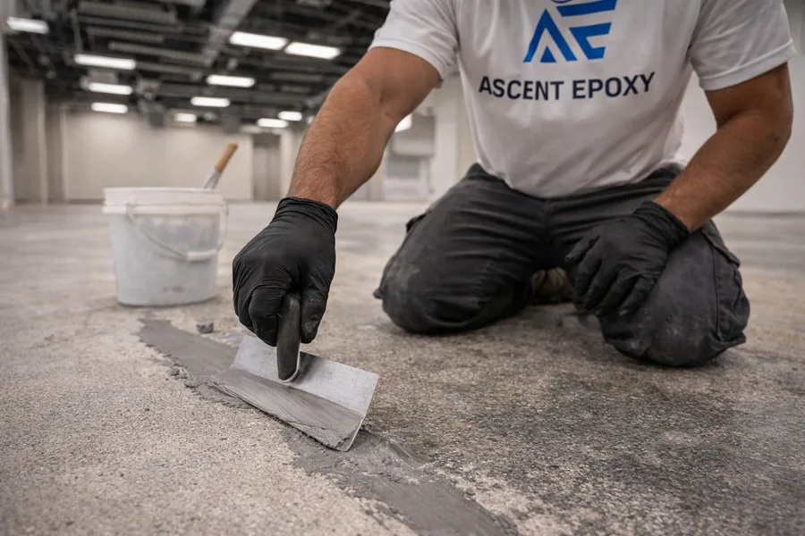 Ascent Epoxy installer operating diamond grinding machine on commercial floor with HEPA dust extraction and plastic sheeting protecting walls