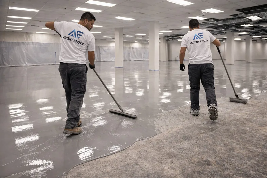 Ascent Epoxy installer repairing concrete cracks in commercial floor before coating