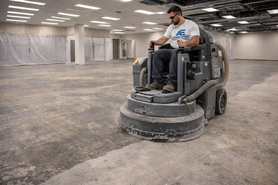 Two Ascent Epoxy installers applying commercial epoxy coating to large floor