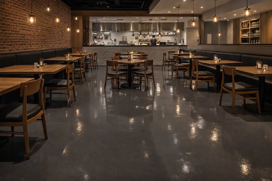 Trendy restaurant with warm charcoal epoxy floor, exposed brick, and pendant lighting