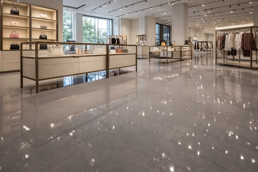 High-end retail showroom with polished light gray epoxy floor and track lighting