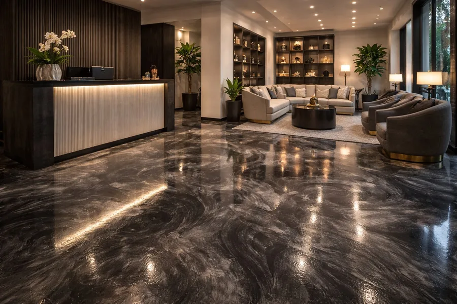 Boutique hotel lobby with dramatic dark metallic epoxy floor and modern furniture