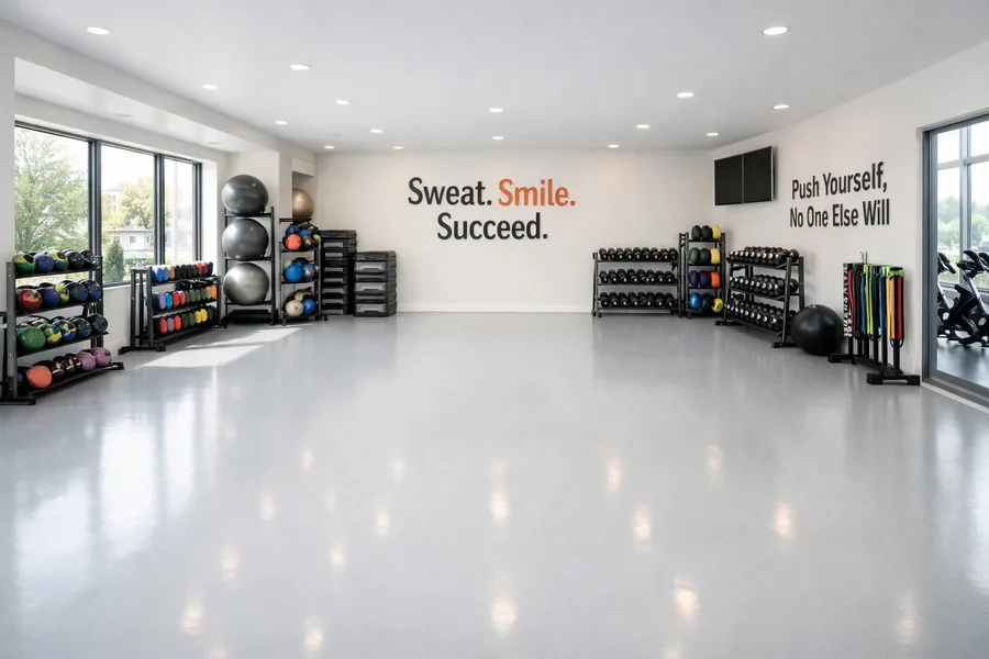 Modern fitness studio with light gray solid-color epoxy floor and exercise equipment