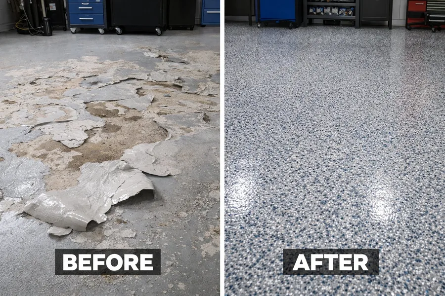 Before and after epoxy floor repair — peeling failed epoxy coating versus restored decorative flake finish in same garage