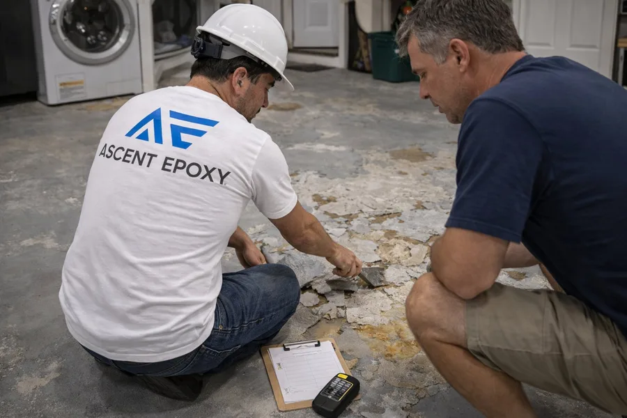 Ascent Epoxy technician and homeowner inspecting peeling epoxy floor during free repair assessment with clipboard and moisture meter