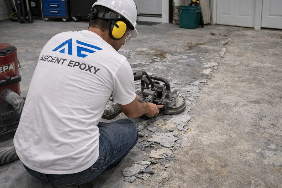 Ascent Epoxy installer using handheld grinder with HEPA vacuum to remove failed peeling epoxy coating from garage floor