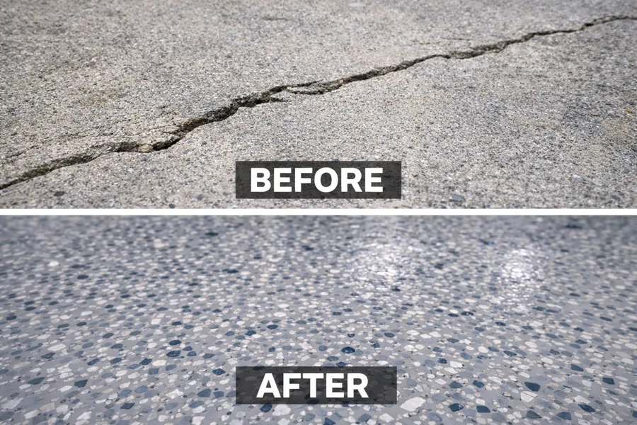 Concrete crack repair before and after — bare cracked concrete versus finished decorative flake epoxy floor