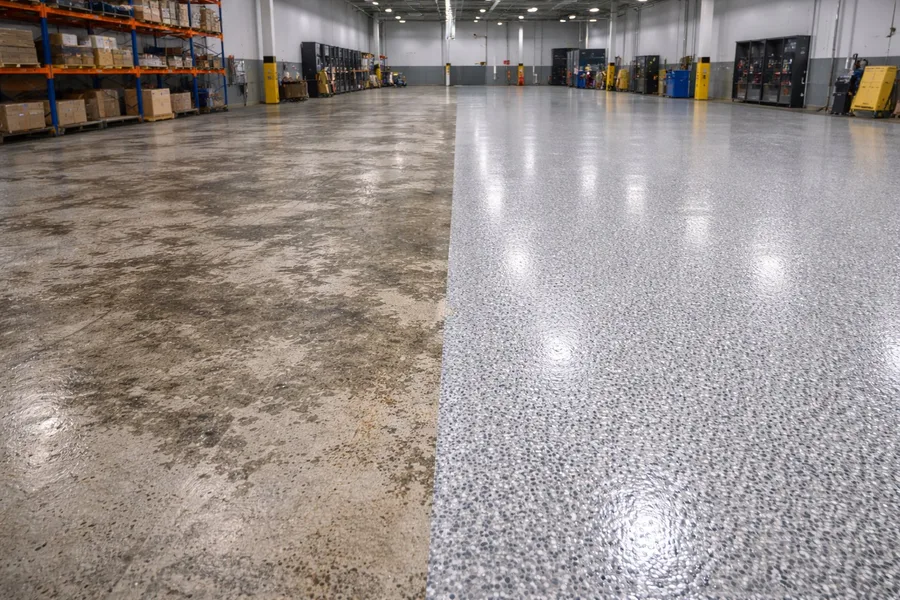 Commercial floor repair in active warehouse — side-by-side view of degraded versus freshly repaired epoxy surface