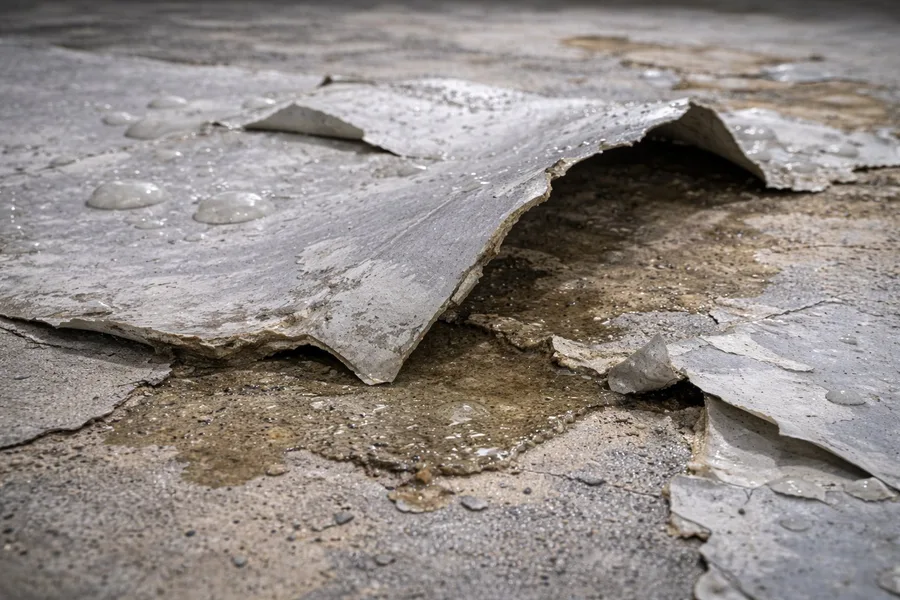 Close-up of severely peeling and delaminating epoxy floor coating showing moisture-driven failure before repair