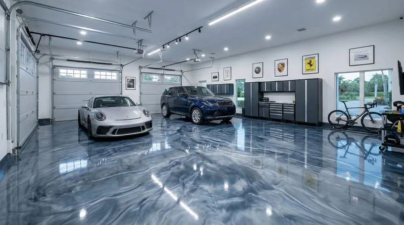 Completed 2-car garage with decorative flake epoxy floor