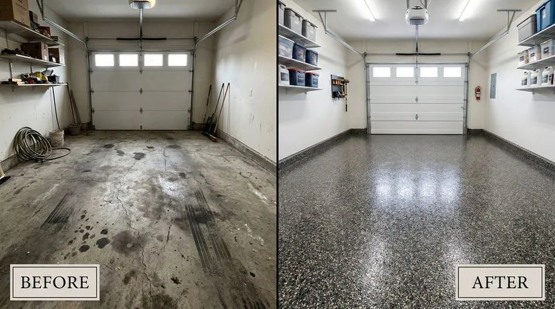 Decorative flake epoxy garage floor with earth-tone chips