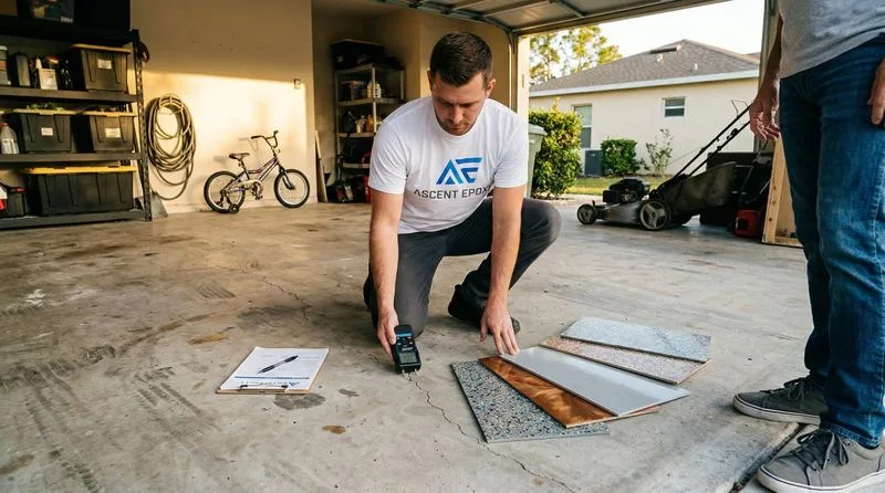 Single-car garage with warm beige solid-color epoxy floor