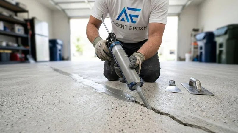 Ascent Epoxy installer filling concrete crack with repair compound using dispensing tool on freshly diamond-ground garage floor with trowels nearby