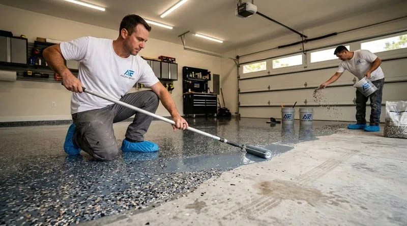 Two Ascent Epoxy crew members applying garage floor coating — one rolling body coat with extension roller while second broadcasts decorative flake chips into the wet epoxy
