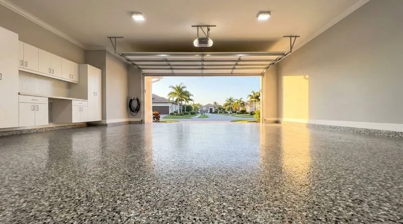 Completed 2-car garage with pristine decorative flake epoxy floor reflecting golden afternoon sunlight through open garage door