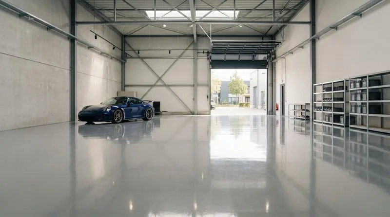 Spacious commercial garage with uniform dove-gray solid-color epoxy floor and parked sports car
