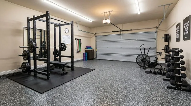 Garage gym with charcoal flake epoxy floor