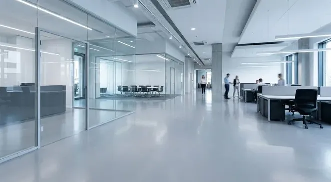 Seamless epoxy floor in modern commercial office with glass partitions