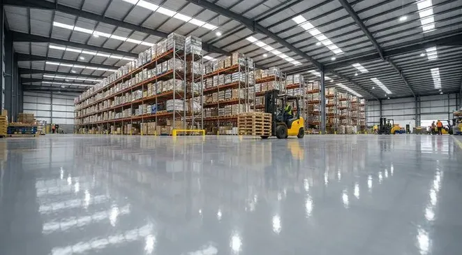 Expansive epoxy floor in warehouse with forklift and steel racking