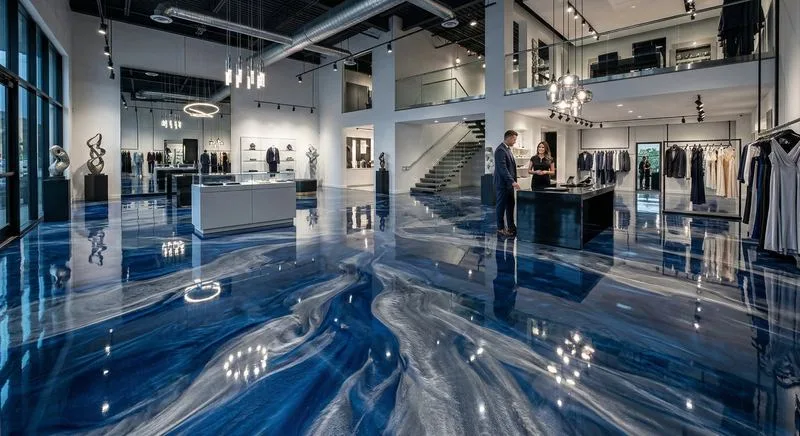 Quartz epoxy floor in modern white kitchen