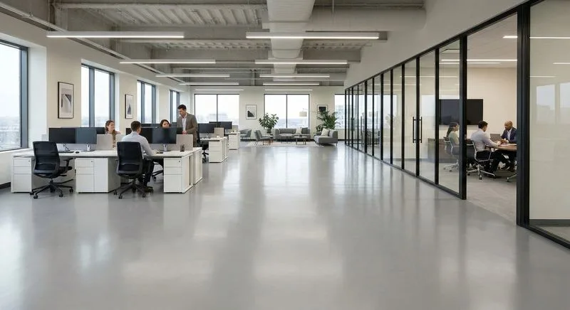 Blue and silver metallic epoxy floor in luxury retail showroom
