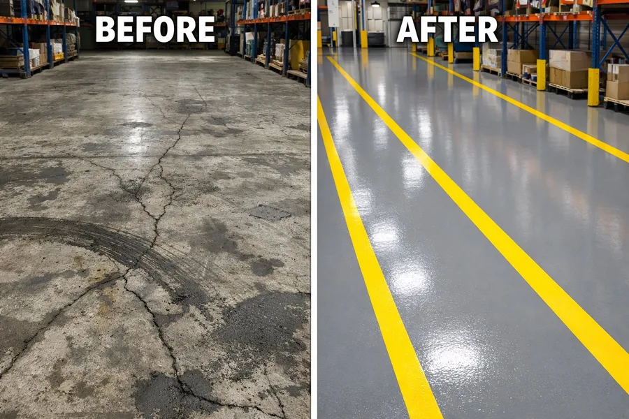 Before and after — industrial warehouse epoxy transformation showing cracked concrete versus finished gray floor with yellow safety lanes