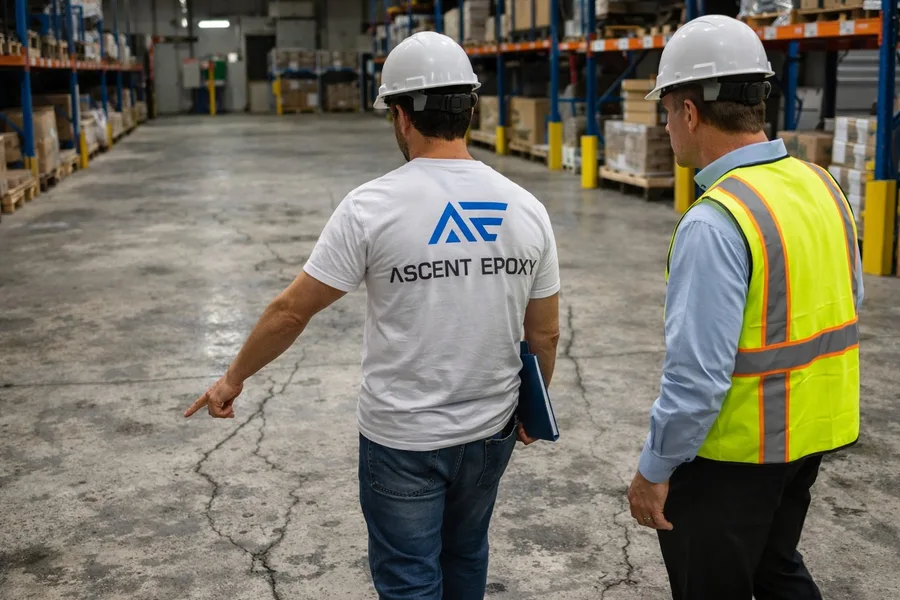 Ascent Epoxy project manager in branded white shirt and hard hat consulting with facility manager during free industrial floor assessment