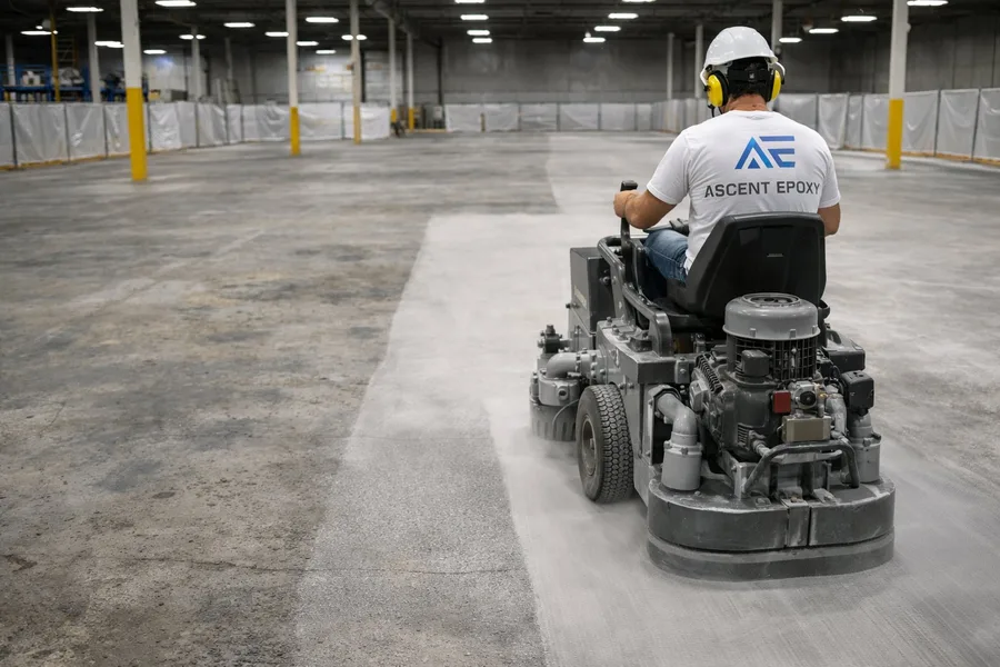 Ascent Epoxy installer operating industrial ride-on diamond grinder on warehouse concrete floor during surface preparation