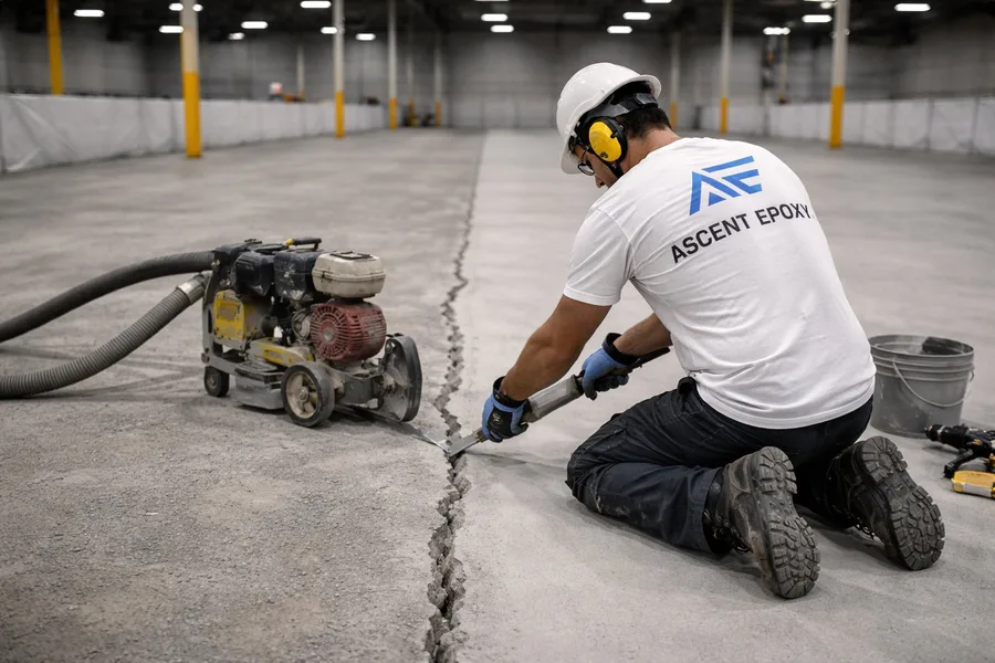 Ascent Epoxy technician repairing industrial concrete crack with pneumatic chipping tool and epoxy filler before coating application