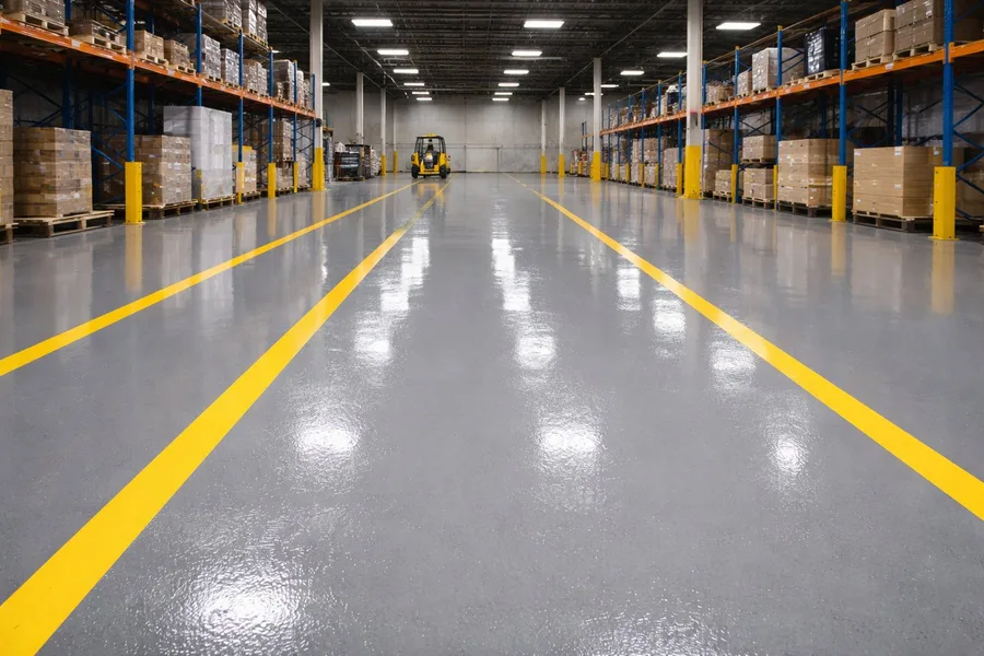 Finished industrial warehouse floor with seamless gray epoxy coating and yellow safety lane markings after Ascent Epoxy installation