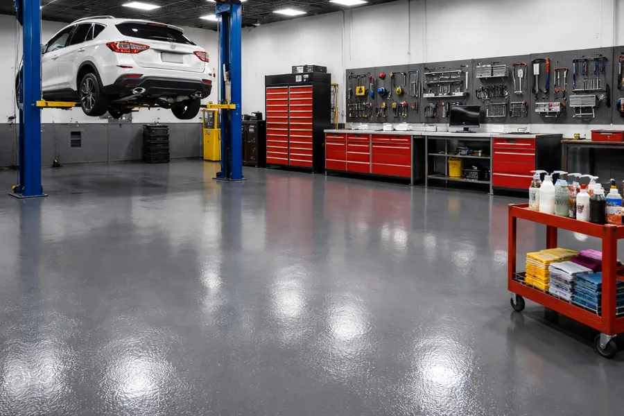 Professional auto service shop with dark gray high-build epoxy floor coating — chemical resistant and easy to clean