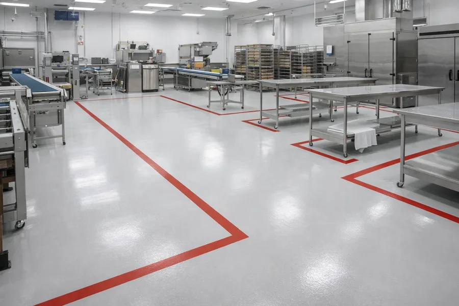 Food processing facility with seamless white epoxy floor featuring red safety zone markings — FDA-compliant installation
