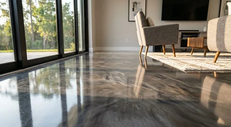 Polished metallic epoxy floor in modern residential living room