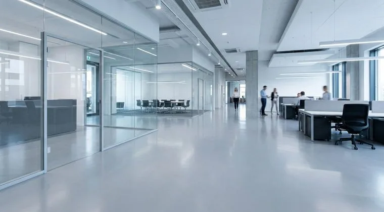Seamless epoxy floor in modern commercial office with glass partitions