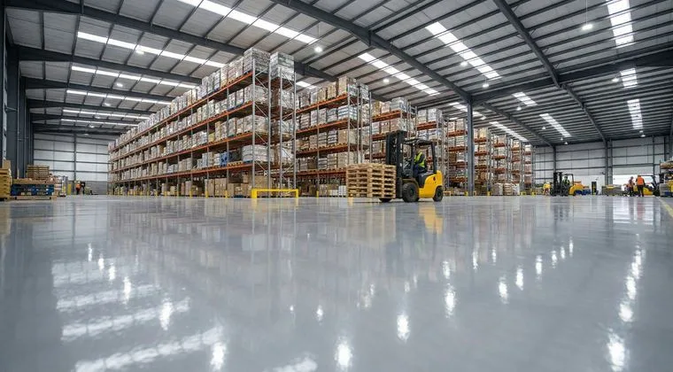Expansive epoxy floor in warehouse with forklift and steel racking