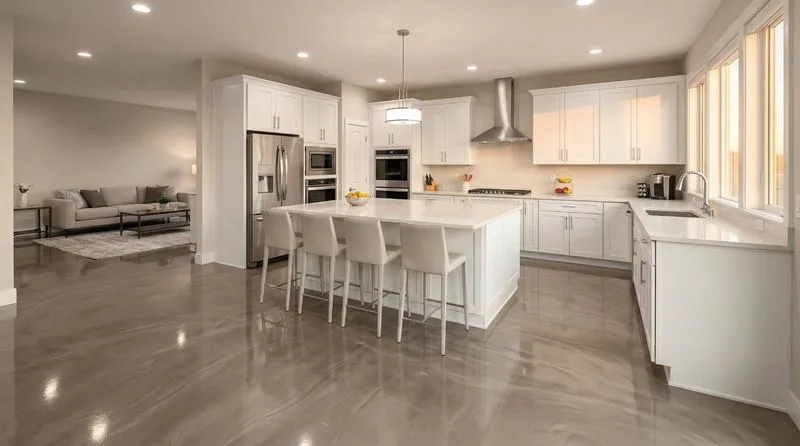 Modern kitchen with pearl-gray metallic epoxy floor extending to living room