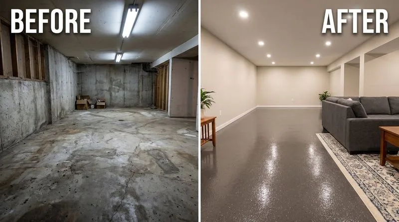 Before and after residential basement epoxy transformation — bare cracked concrete to polished living space
