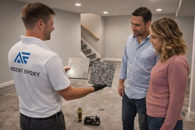 Ascent Epoxy installer showing metallic and flake finish samples to homeowner couple in unfinished basement during free consultation