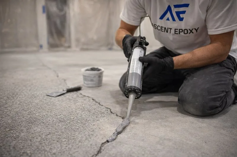 Ascent Epoxy installer filling concrete crack with repair compound using caulk gun on diamond-ground basement floor
