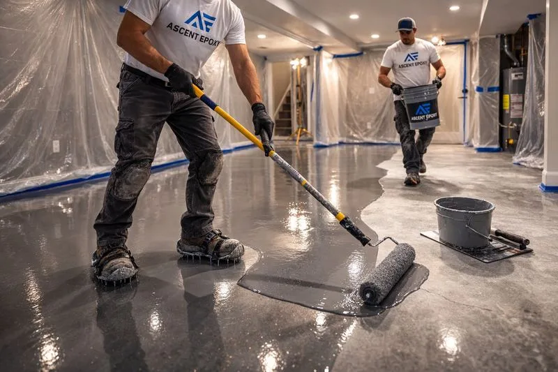 Two Ascent Epoxy crew members applying epoxy coating to residential basement floor with roller and broadcasting decorative flake