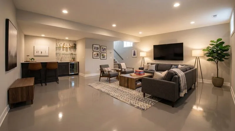 Finished basement living area with solid-color epoxy floor, sectional sofa, bar area, and warm lighting