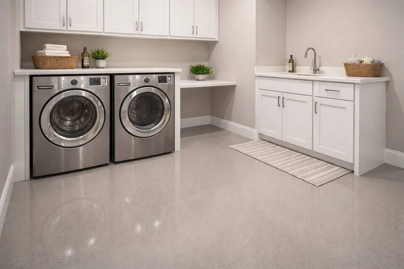 Modern laundry room with seamless light gray solid-color epoxy floor