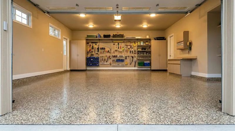 Completed decorative flake epoxy garage floor with clean organized space