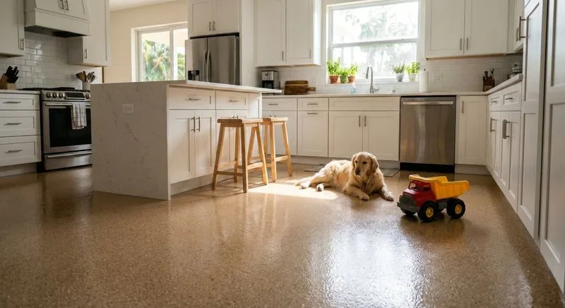 Warm quartz epoxy kitchen floor with golden retriever in morning sunlight