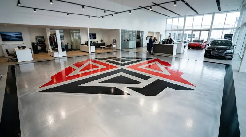 Car dealership showroom with large custom geometric logo design in red, black, and silver epoxy embedded in the floor