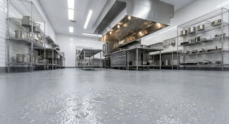 Professional commercial kitchen with seamless epoxy floor showing water beading